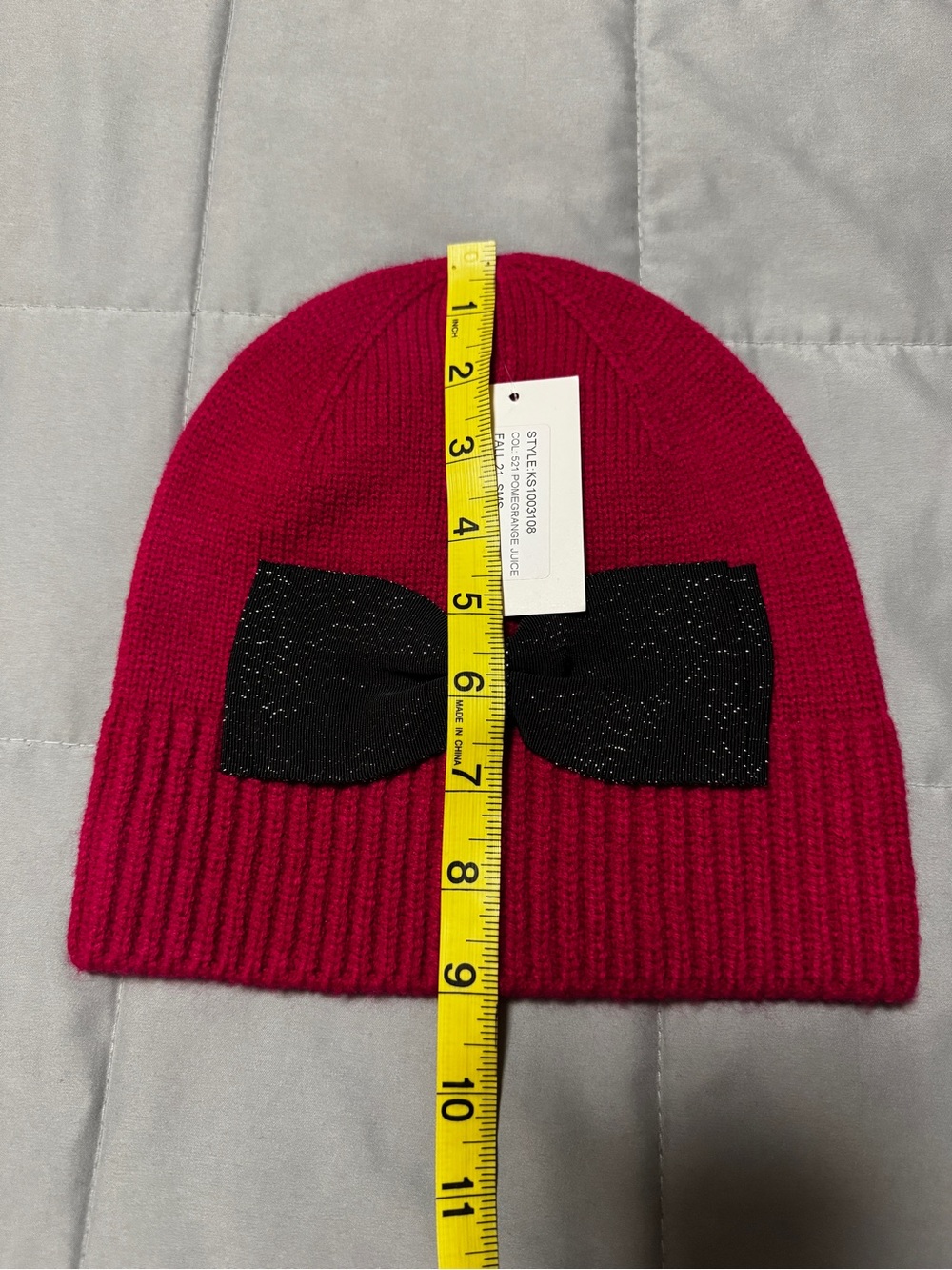 Kate Spade Knit Beanie Hat Bow Accent Pomegranate & Black, One Size - Picture 5 of 6